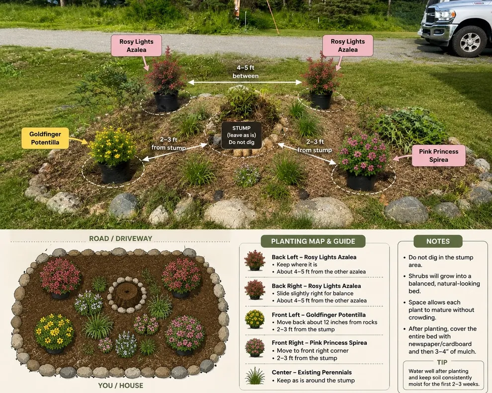 ChatGPT’s annotated planting map for the stump bed, showing where each shrub should go and how far apart