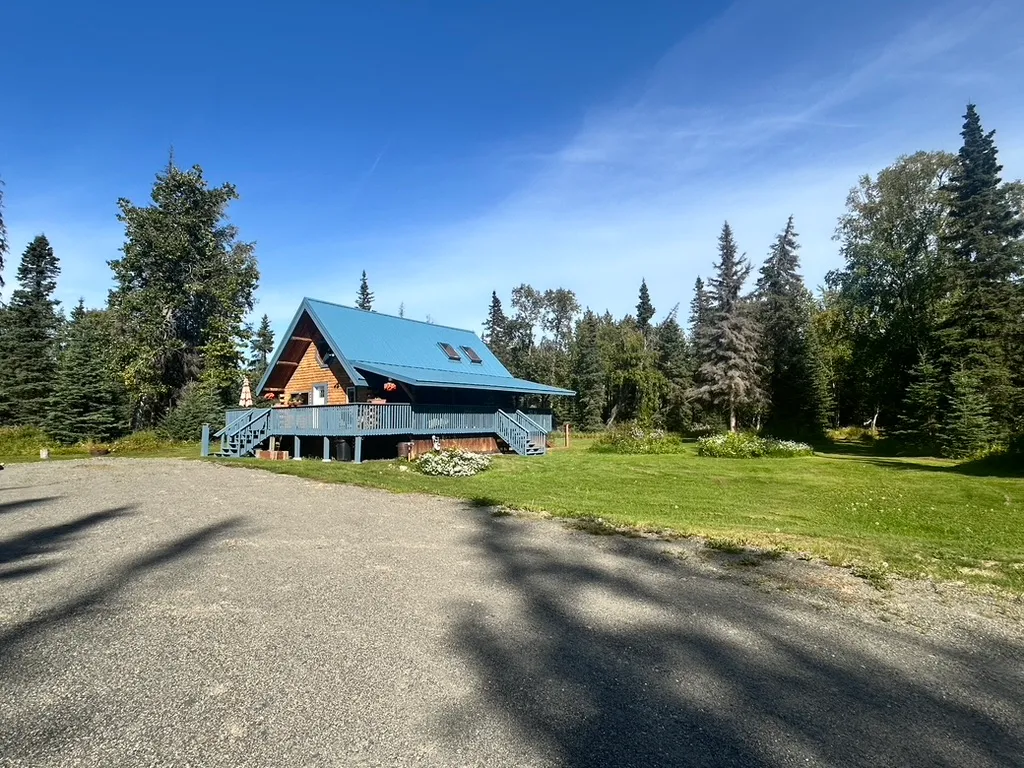 My log cabin in Alaska, with its blue metal roof, surrounded by spruce and birch